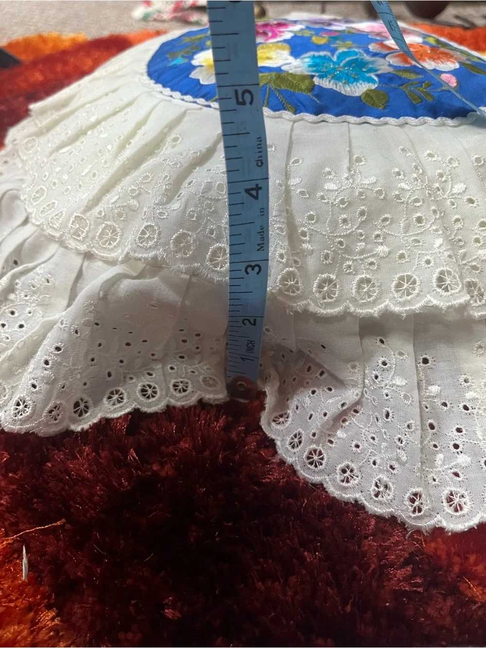Vintage Blue Floral Embroidered Decorative Pillow with White Eyelet Ruffle